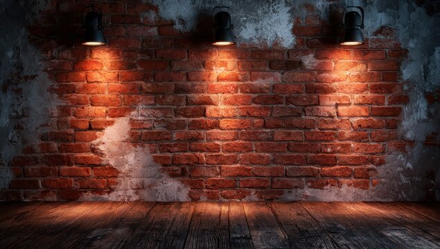 Empty interior room with a rustic red brick wall background illuminated by three black industrial spotlights mounted above a dark wooden floor in a studio setting