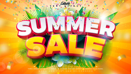Fototapeta premium Summer Sale Editable Text Effect Design Vector Graphic Style with Beach Holiday Elements and Tropical Palm Leaves on Sun Yellow Background. Premium Shopping Day Illustration Mockup Template for Banner