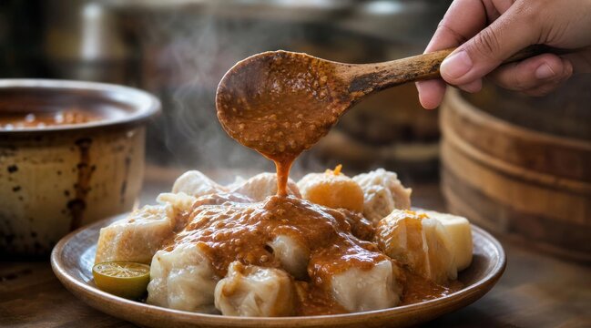 Traditional Indonesian Siomay Steamed Fish Dumplings Drizzled with Rich Peanut Sauce.