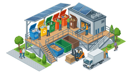 Fototapeta premium Isometric illustration of workers sorting recyclable waste into color-coded containers at a recycling plant, powered by solar panels, with a forklift and truck, conveying an eco-friendly