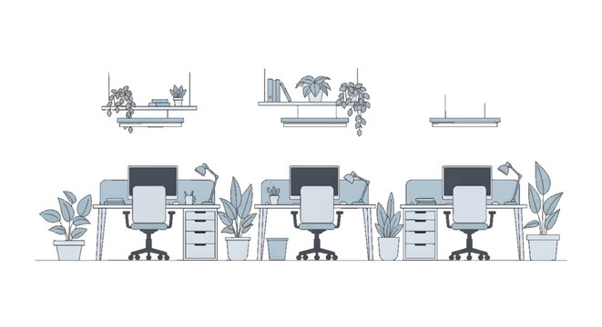 Modern open-plan office interior illustration with multiple workstations, computers, chairs, and green plants. Minimalist line art for contemporary business, productivity, and workspace design