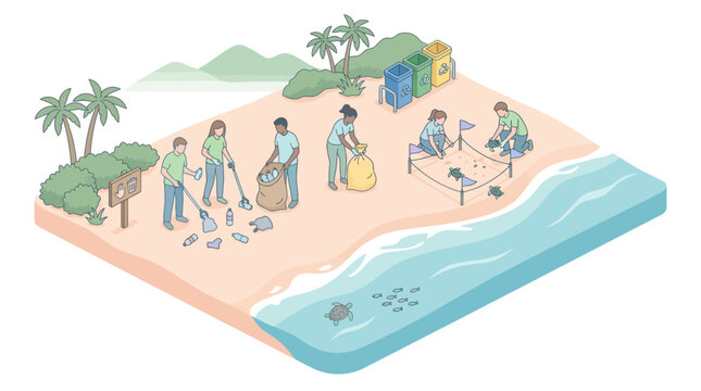 Isometric illustration of diverse volunteers cleaning a sandy beach, collecting trash into bags and protecting turtle nests on a sunny day, with palm trees and recycling bins
