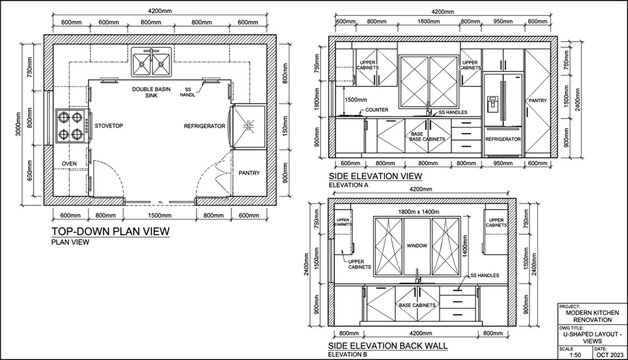 Detailed architectural blueprint of a modern U-shaped kitchen renovation including top-down plan view and side elevation technical drawings