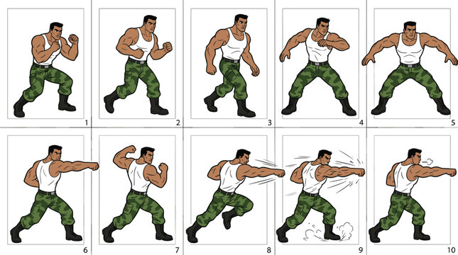 Muscular military fighter character sprite sheet with various animations including walking and punching for 2D video game design.