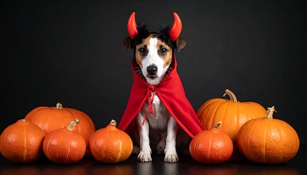 Halloween dog dressed as devil sitting with pumpkins.