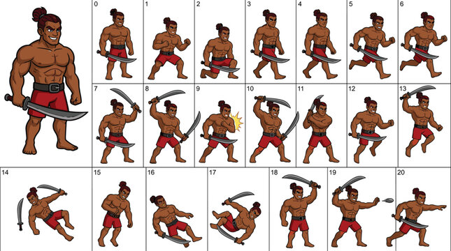 Muscular warrior character sprite sheet with various animations including walking attacking jumping and falling for 2D video games