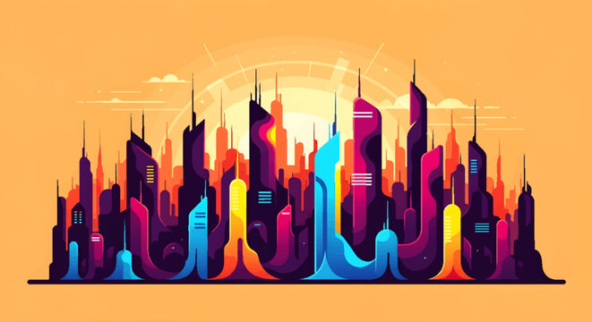 Vibrant abstract cityscape illustration with colorful modern skyscrapers reaching towards a bright orange sky, depicting urban growth and futuristic architecture at sunset.