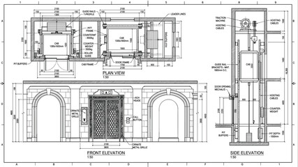 Detailed architectural blueprint of a classic elevator system including plan view front elevation and side elevation technical drawings © NURUL