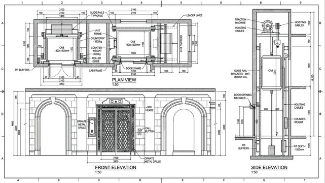 Detailed architectural blueprint of a classic elevator system including plan view front elevation and side elevation technical drawings