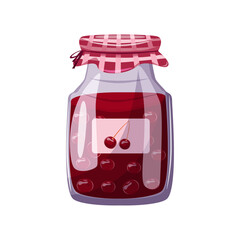 Obraz premium Cherry jam jar isolated on white background. Cute homemade preserve illustration perfect for food packaging, kitchen design and recipe projects.