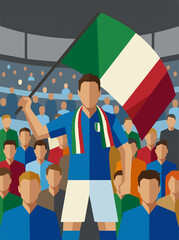 Fototapeta premium Italian football fan waving flag in stadium, celebrating with crowd