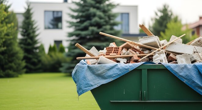 Construction Waste Bin Overflowing with Debris Near a Suburban House