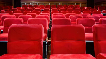 Fototapeta premium Rows of Empty Plush Red Theatre Seats in an Elegant Auditorium Setting Capturing a Cinematic Atmosphere