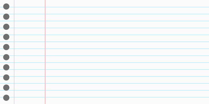 Lined school notebook paper sheet. Striped notepad with margins. Lined paper texture background. Linear pattern. Vector illustration