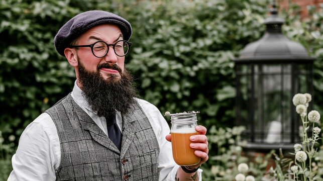 A bearded hipster man wearing a flat cap holding a glass of craft beer outdoors in a garden