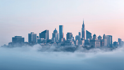 Obraz premium Modern city skyline emerges from thick fog at sunrise with pastel sky