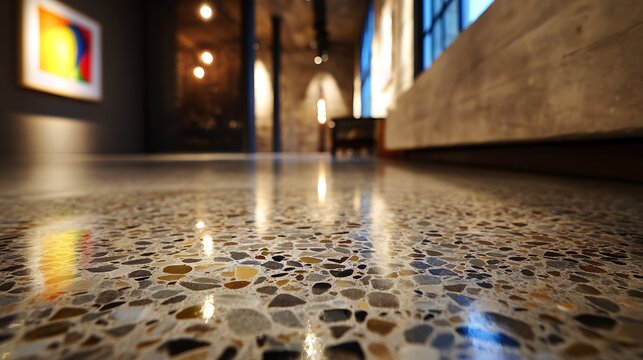 Polished concrete floor with exposed aggregate texture in a modern gallery.