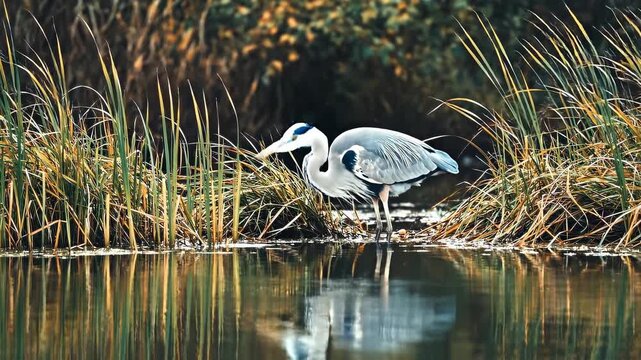 Majestic grey heron stands by reeds in tranquil water with reflections