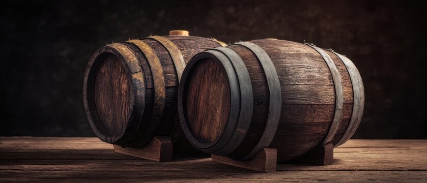 The Wooden Barrels Resting on a Rustic Table with Dramatic Warm Low Lighting