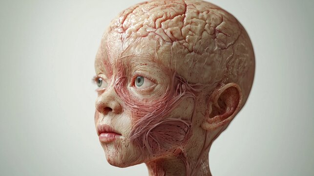Medical illustration of a child with progeria syndrome, clinical anatomical style, labeled diagram showing characteristic physical features, aged skin texture, prominent veins, delayed growth
