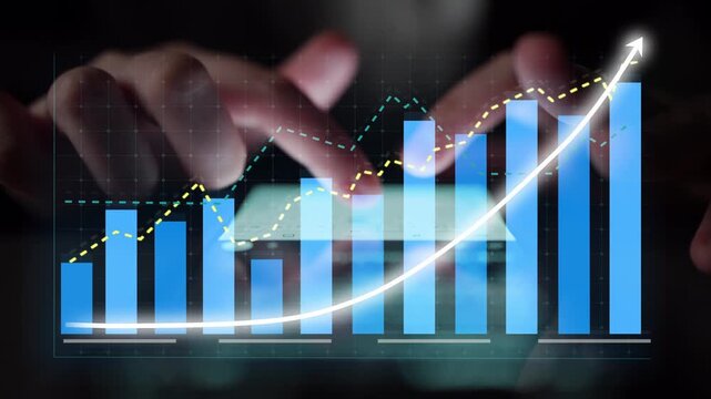 A close-up view of hands interacting with a digital screen displaying various financial graphs and charts, showcasing significant business growth and analysis trends. Copula