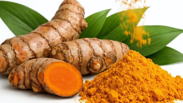 Fresh turmeric roots and golden powder displayed beautifully with vibrant natural green leaves
