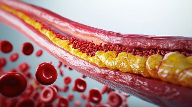 Medical cross-section illustration of arterial wall damage caused by progeria syndrome, layers of blood vessel clearly visible, atherosclerosis plaques highlighted in red and yellow