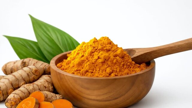 Organic turmeric powder in wooden bowl surrounded by fresh roots and green leaves