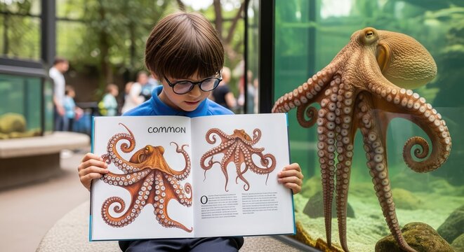 A young boy reads a book about octopus in front of an octopus in aquarium