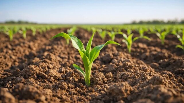 Young green seedling sprouting from soil in agricultural field under sunlight growth