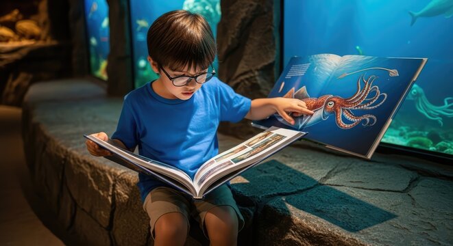 A young boy engrossed in reading a book about marine life