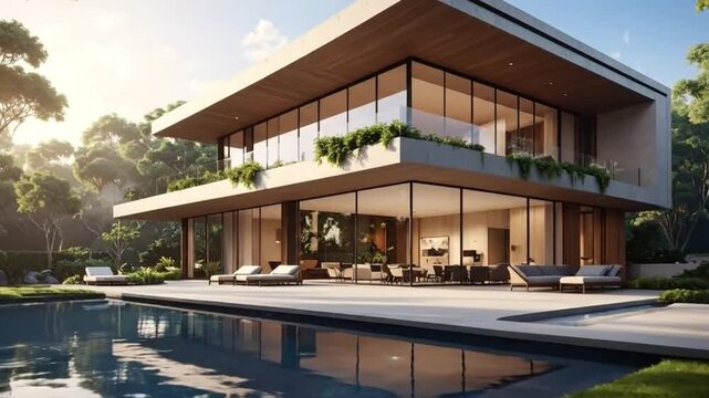 Modern luxury home with a pool surrounded by lush green trees and nature