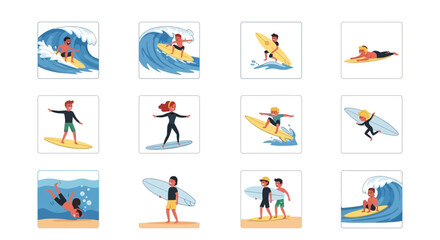 Fototapeta premium People surfing on ocean waves.