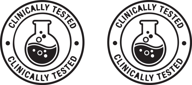 Two black silhouette circular icons featuring a laboratory flask with bubbles, encircled by text 'CLINICALLY TESTED', signifying scientific validation, medical research, or product safety assurance.