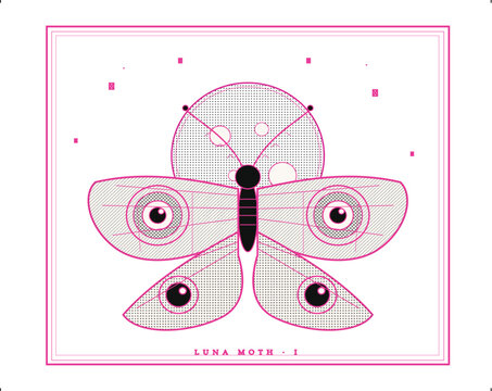 Minimalist luna moth vector illustration, geometric butterfly celestial art with moon and stars, pink and grey mystical insect graphic for posters