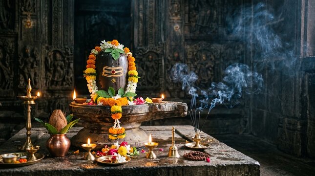 Sacred Shiva Lingam Puja Wallpaper with Divine Glowing Light, Incense Smoke, and Spiritual Devotional Atmosphere for Meditation and Prayer