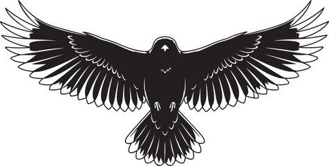 Naklejka premium Majestic black silhouette of a soaring eagle or raven with outstretched wings and detailed feathers, symbolizing freedom, power, and wild nature in a clean vector graphic.