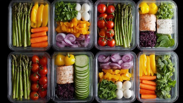 Assorted Fresh Vegetable Meal Prep Containers with Asparagus Cherry Tomatoes Cucumber Sliced Peppers and Leafy Greens