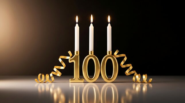 Golden 100 years celebration with three white candles on a dark background