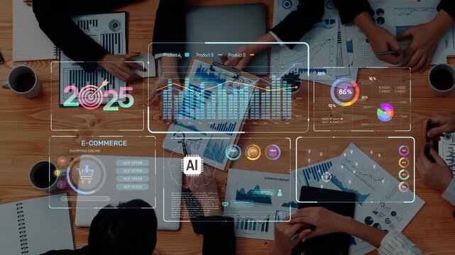 A dynamic business meeting featuring a diverse group analyzing e-commerce trends for 2025, utilizing digital screens to present important statistical data and projections. Raster