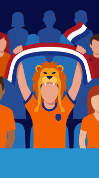 Dutch football fans showing national pride with flag and lion hat illustration