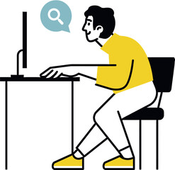 Fototapeta premium Man sitting at a desk and using a computer with a search icon in a speech bubble above vector art illustration on transparent background