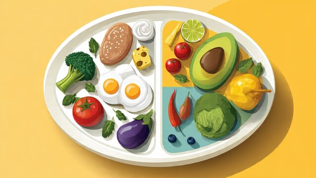 Colorful Vegetarian Breakfast Plate with Eggs Avocado Tomatoes Broccoli and Fruit on White Dish