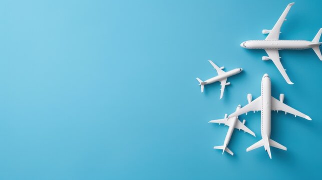 Three White Airplane Models on a Blue Background for Travel and Transportation Concepts in Aviation
