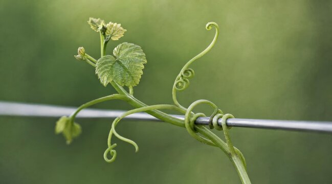 Young green grapevine tendril curling around metal wire in vineyard.