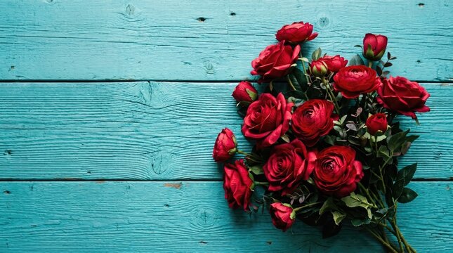 A vibrant bouquet of roses lies on a rustic teal wooden surface