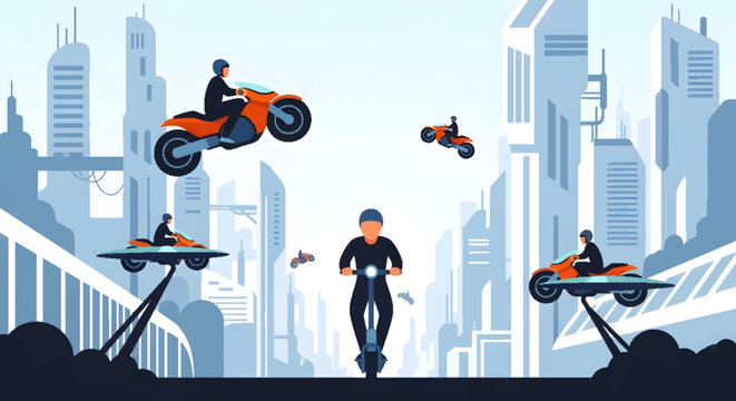 Futuristic cityscape with people riding electric scooters, hoverboards, and flying motorcycles, representing future transportation and technology