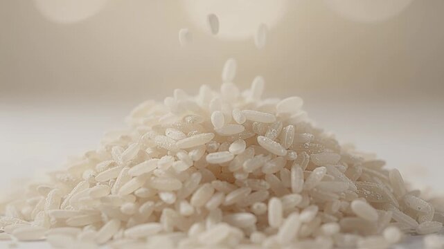 rice grains closeup, white rice pile, macro food scene