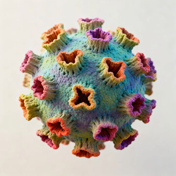 A 3D model of a rhinovirus (the virus that causes the common cold). The model accurately depicts its icosahedral protein shell, with a "canyon"-like structure around the vertices.