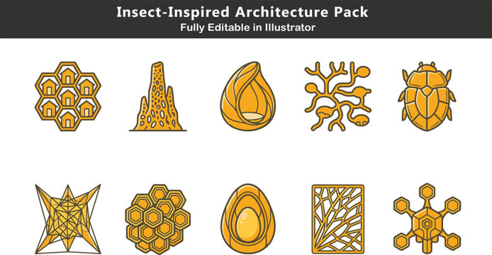Insect inspired architecture vector icons set, biomimicry structures, honeycomb housing, termite mounds, cocoon pods, tensile webs, modular colony systems CAD